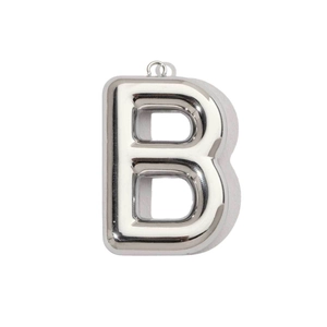 Detailed view of polished silver inflatable style letter B pendant with mirror finish