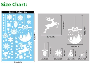 Tableau de tailles détaillé des stickers de Noël montrant les dimensions du renne et flocons