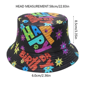 Detail of Happy Birthday bucket hat with colorful letter prints and size dimensions