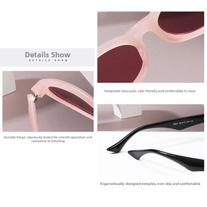 Detail view of pink and black retro sunglasses with durable hinges and ergonomic arms