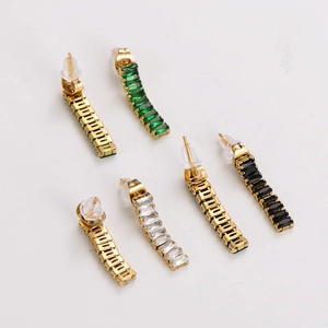 Fashionable stainless steel gold earrings set with green, clear, and black square zircons