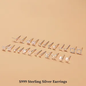 Minimalist S999 sterling silver stud earrings with lightning, star and floral designs