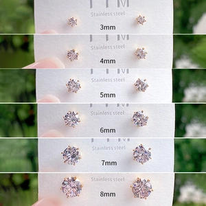 Surgical stainless steel stud earrings set with clear zircon in 3mm to 8mm sizes
