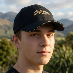Black cotton baseball cap with Sunrise Sunset embroidery against an outdoor nature backdrop