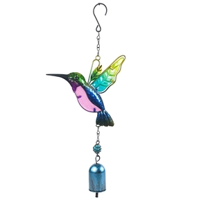 Detail of colorful hummingbird wind chime with blue bell and painted glass wings