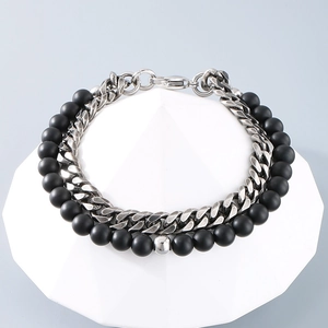 Double Layer Bracelet Stainless Steel Cuban Chain Black Matte Onyx Beads Vintage Punk Personality Jewelry For Men