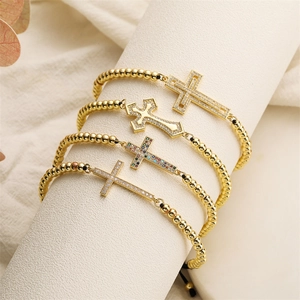 Adjustable Cross Braided Bracelet Gold Plated Copper Zirconia Inlaid Cross Pendant Bracelet For Women Men Fashion Jewelry