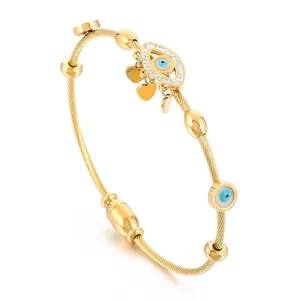 Evil Eye Bangle Bracelet Gold Plated Stainless Steel Twisted Cable Wire Heart Pendant Rhinestone Lucky Jewelry For Women