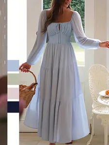 Women Casual Vacation Maxi Dress Square Neck Long Puff Sleeve Lace Up Tiered Hem Lyocell Polyamide Blend