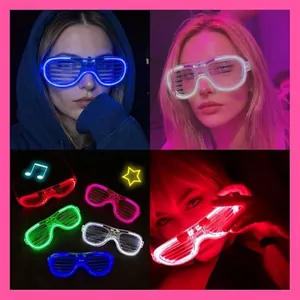 Detail of LED shutter glasses showing vibrant glowing neon wires and multiple color options