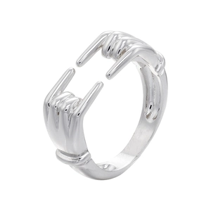 Unique punk silver hug hand open ring with rock gesture design for adjustable fit