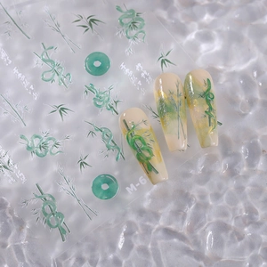 Jelly nail stickers with green bamboo, snake and jade patterns in Chinese style