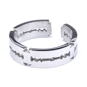 Macro shot of silver razor blade shaped stainless steel ring on white background