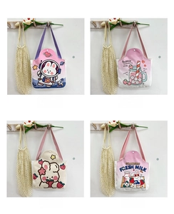 Detailed grid view of four canvas tote bags with various cute cartoon rabbit patterns