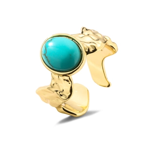 18K gold plated wide geometric open ring featuring a large oval blue turquoise stone