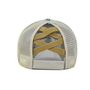 White baseball cap with high ponytail cross-elastic back and breathable beige mesh panels