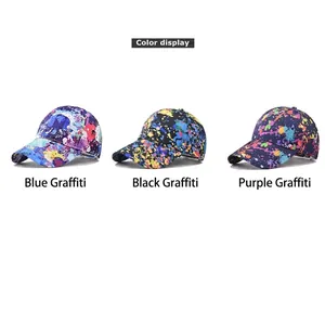 Three colorful graffiti baseball caps in blue, black and purple street style pattern