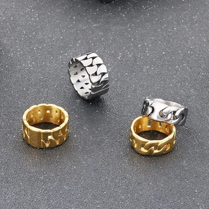 Men Cuban Chain Ring Stainless Steel Hollow Retro Punk Style Finger Band Fashion Jewelry Gold Silver