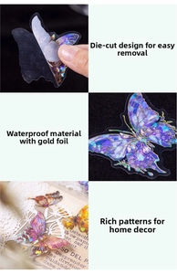 Detail of waterproof butterfly PET stickers with gold foil stamping and die-cut design