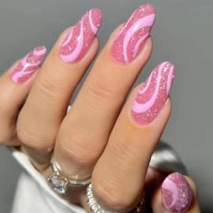 Mandelform Nägel Zum Aufdrücken Rosa Glitzer Wellenmuster Süß Ins Stil Mode Tragbare Künstliche Falsche Nägel Für Damen