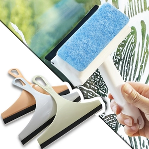 Dual Sided Window Squeegee Glass Cleaner Tool With Sponge Scrubber And Rubber Blade For Bathroom Mirror Shower Door Tiles