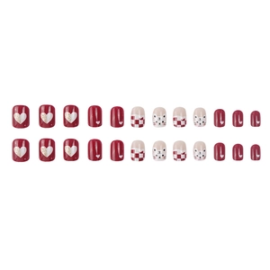 Cute cartoon tiger press-on nails set with red hearts and glitter glossy finish