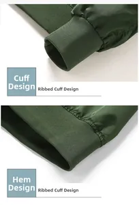Detail of ribbed knit cuffs and hem on a dark green casual men's flight jacket