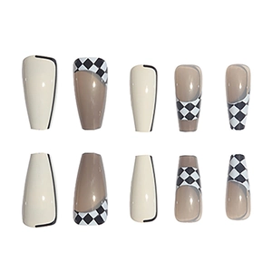 Checkboard and beige press-on nails in medium coffin shape with glossy mirror finish