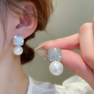 Elegant square zircon and round pearl drop earrings for women with silver needle studs