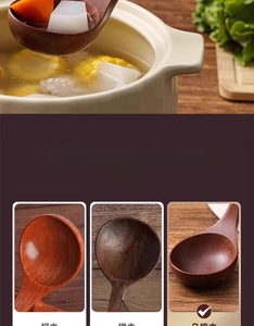 Deep ebony wood soup ladle with long handle showing natural grain in a ceramic pot