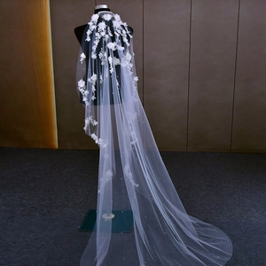 Detail of 3m long bridal veil with 3D floral lace appliques and delicate pearl beads