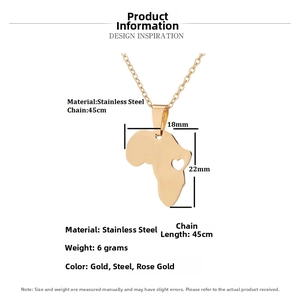 Detailed view of gold stainless steel Africa map necklace with hollow heart pendant and dimensions