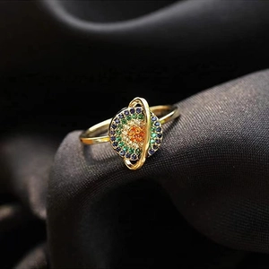 Rotating planet ring with colorful gemstones and golden finish for anxiety relief