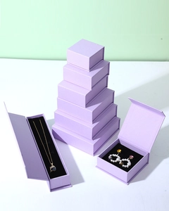 Purple magnetic jewelry gift boxes in various sizes with black foam lining for necklace