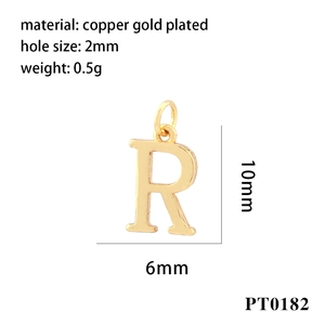 Detail of 10mm gold plated copper letter R pendant with dimensions and specifications
