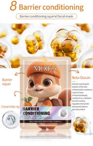 Close-up of squirrel cartoon mask packaging with Ceramide for barrier repair