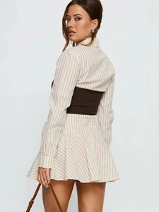 Elegant two-piece knit dress with striped long sleeves and brown corset waist