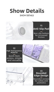 Detail of dustproof acrylic lash box showing non-slip base and safe rounded corners