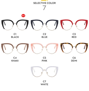 Collage of seven color options for stylish cat-eye anti-blue light optical glasses frames