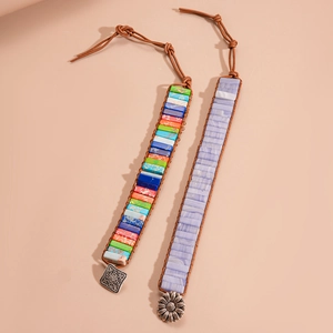 Bohemian braided leather bracelet with geometric colorful natural stones and metal clasp