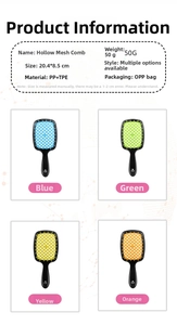 Detail specifications of hollow grid hair combs in four vibrant colors and dimensions