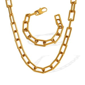 Modern 18k gold-plated paperclip chain necklace and bracelet jewelry set on white background