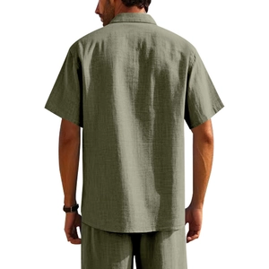 Rear view of men's olive green cotton linen short sleeve shirt and shorts set