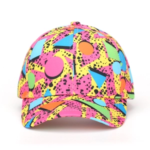 Detailed close-up of retro 90s Memphis style geometric print on a cotton baseball cap