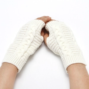White cable knit fingerless gloves for women, warm winter knitted arm warmers