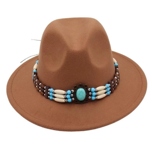 Detailed view of the brown wool fedora featuring a turquoise bohemian beaded band accessory