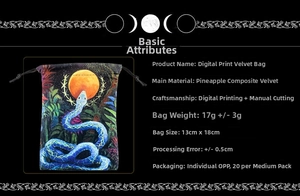 Detailed size and material specifications for snake and moon tarot velvet drawstring bag