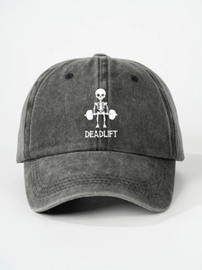 Detailed view of the dark grey washed cotton baseball cap with Deadlift skeleton print