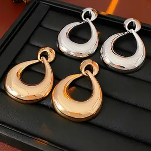 Chunky Hollow Teardrop Earrings Alloy Mirror Polish Fashion Geometric Statement Jewelry With Silver Earring Post For Women