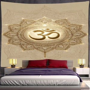 Detailed bedroom scene with gold Mandala tapestry featuring the Om symbol on a white wall